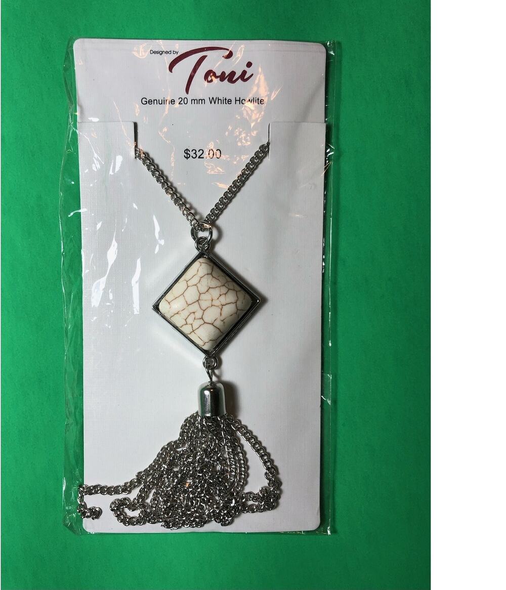 Toni Necklace – 20mm White Howlite Tassel Pendant with Silver Accents